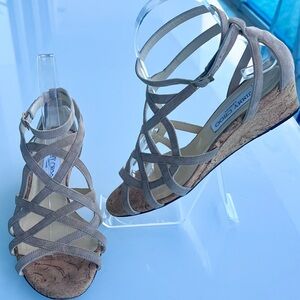 Jimmy Choo Beige Napa Suede Strappy Gladiator Cork Wedge Sandals